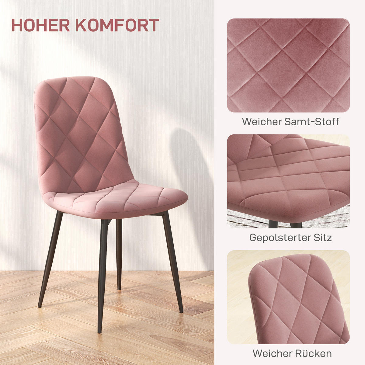 ESSZIMMERSTÜHLE 4er Set Küchenstuhl mit Rückenlehne, Rosa - Rosa, Kunststoff (45/87/54cm) - HOMCOM