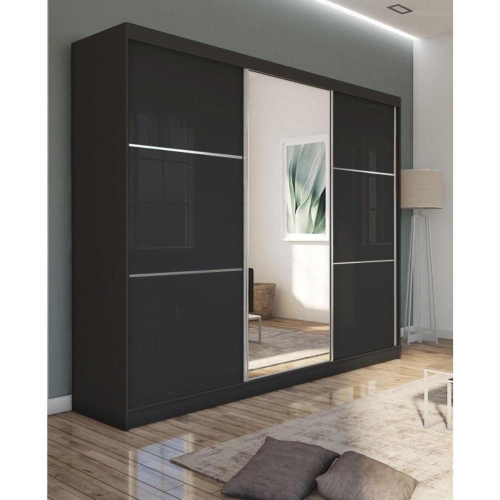 SCHWEBETÜRENSCHRANK Viva 240/216/61 schwarz mit Spiegel - Schwarz, Holzwerkstoff (240/216/61cm) - Beautysofa