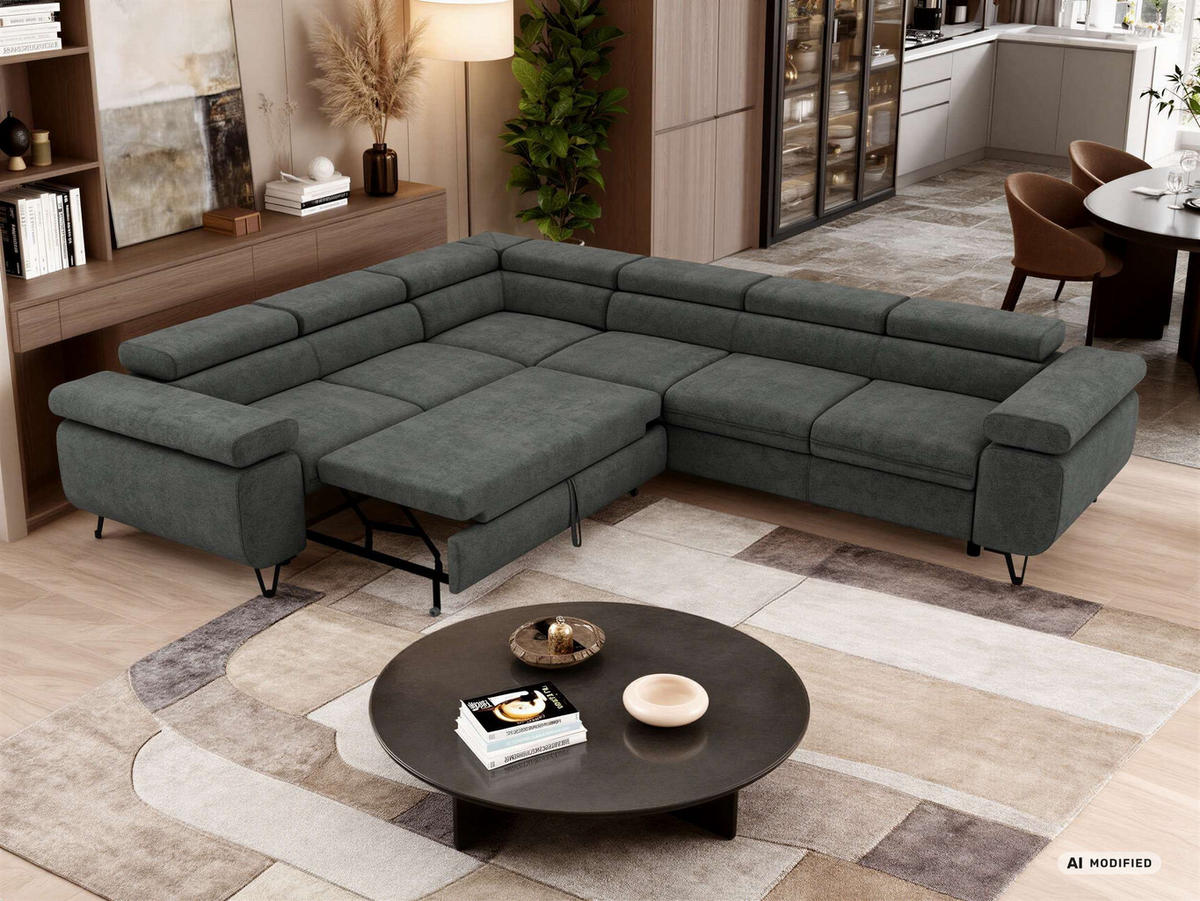 ECKSOFA NORDEN L - Dunkelgrau Stukture - Rechts Seite - Dunkelgrau/Schwarz, Textil/Metall (329/269cm) - MKS