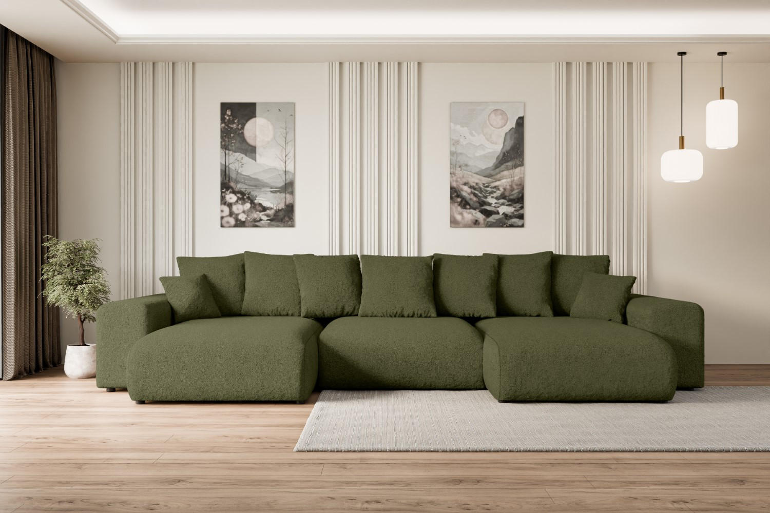 WOHNLANDSCHAFT mit Schlaffunktion und Bettkasten ESKAR-U -352x165x84cm Grün Bouclé - Schwarz/Grün, Holzwerkstoff/Kunststoff (352/84/165cm) - ALTDECOR
