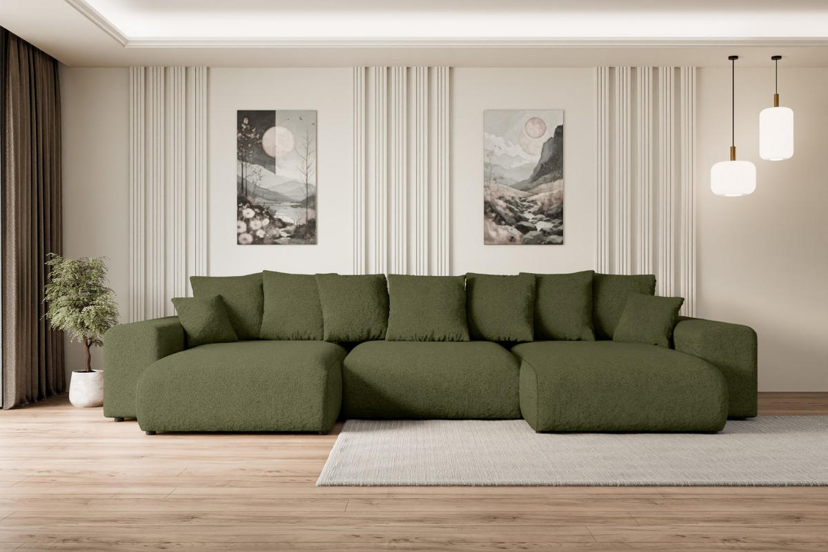 WOHNLANDSCHAFT mit Schlaffunktion und Bettkasten ESKAR-U -352x165x84cm Grün Bouclé - Schwarz/Grün, Holzwerkstoff/Kunststoff (352/84/165cm) - ALTDECOR