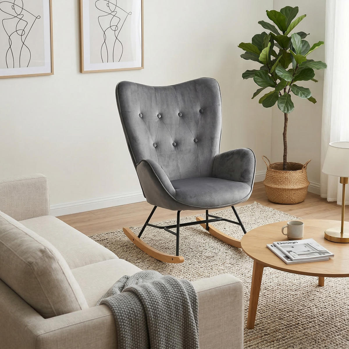 SCHAUKELSTUHL, Samt, Dunkelgrau - Dunkelgrau, Holz/Metall (53/98/85cm) - Meubles Cosy
