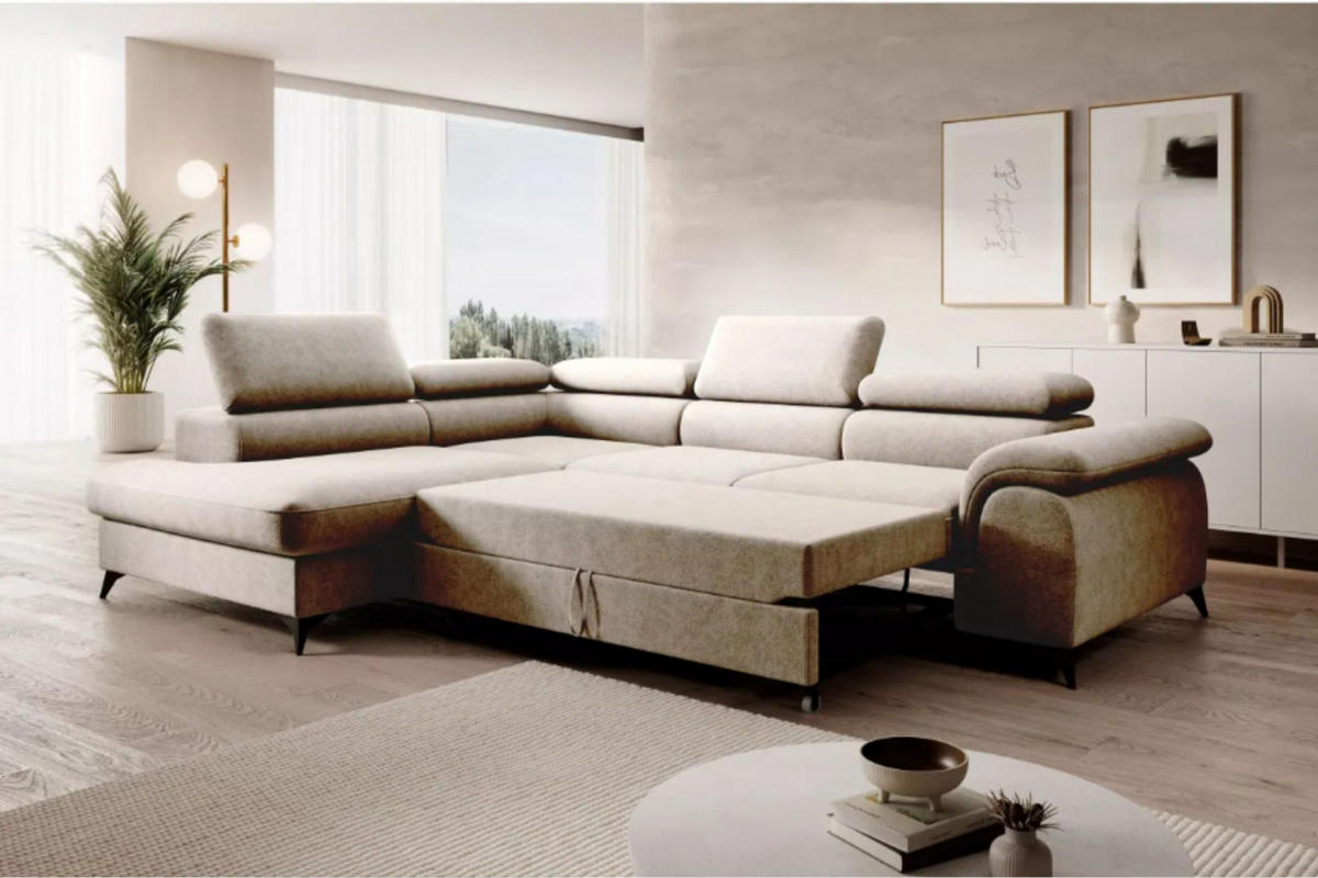 ECKSOFA PLAZA L Links mit Schlaffunktion 125x195 Velours Beige - Beige/Schwarz, Holz/Kunststoff (205/275cm) - Muffo