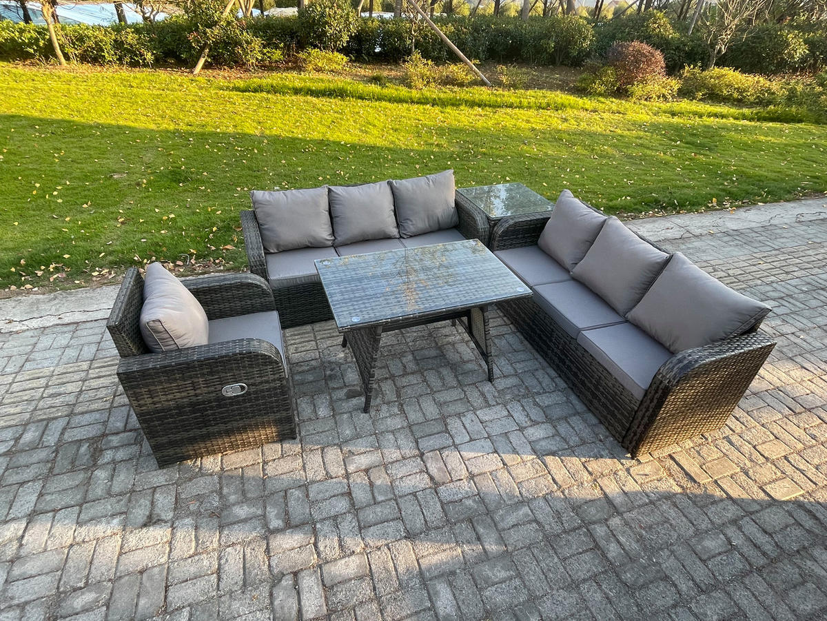 GARTENSET Hohe Rückenlehne Polyrattan 7-Sitzer - Dunkelgrau/Grau, Glas/Kunststoff - Fimous