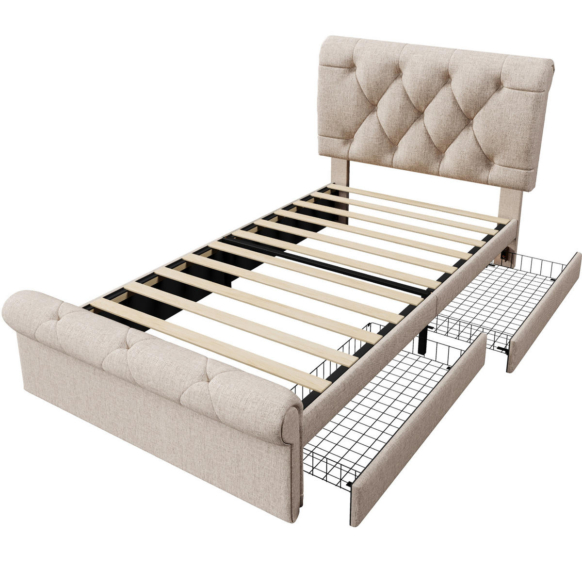 POLSTERBETT 90/200 cm Natur aus Metall und Holz mit 2 Schubladen - Naturfarben, Metall (90/200cm) - OKMYHOME
