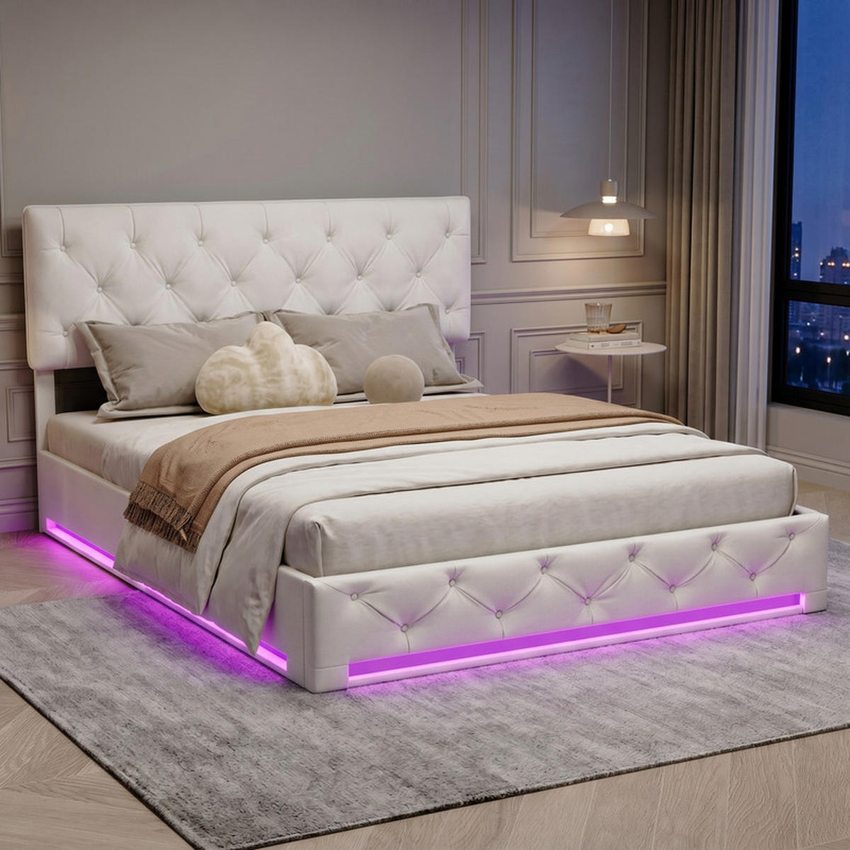 ČALÚNENÁ posteľ 160/200 cm béžová s úložným priestorom a LED osvetlením - béžová, drevo - SHOPENTRA