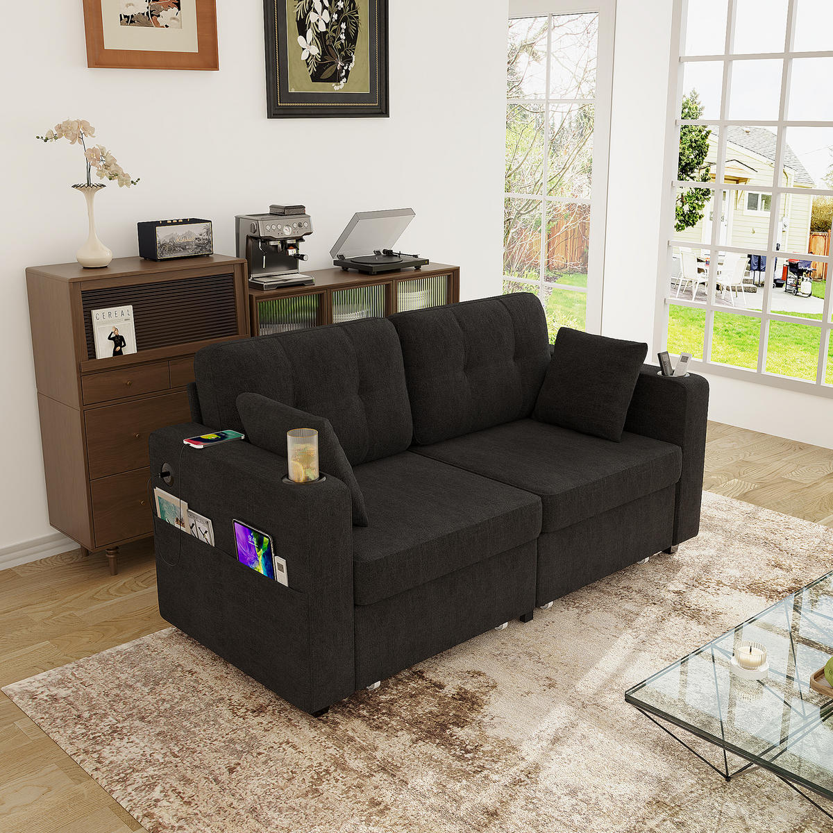 2-SITZER Sofa aus Chenille 172x75x82 cm in Schwarz mit USB & Stauraumschubladen - Schwarz, Textil (75/82/172cm) - Modfu