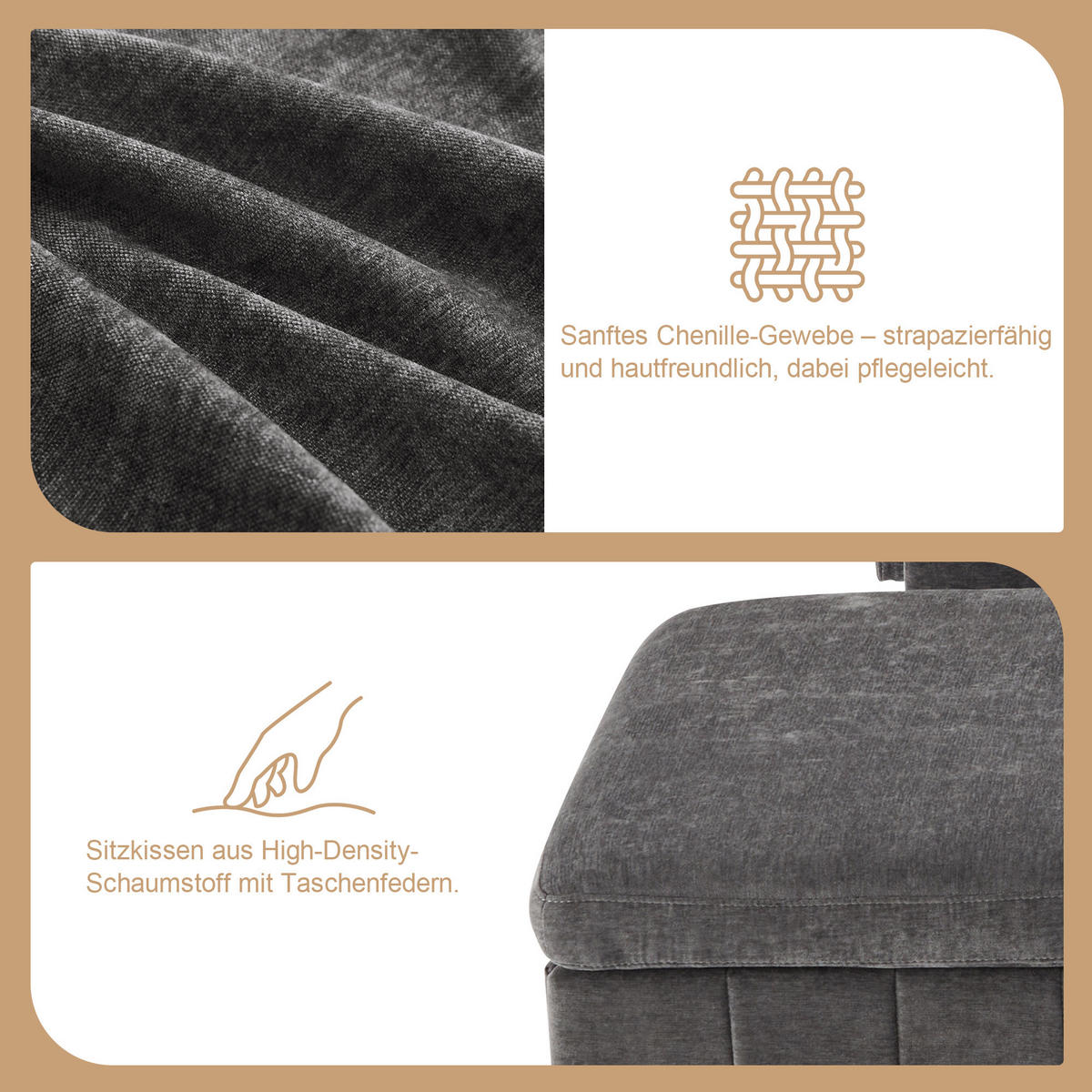 SOFA Grau Ecksofa Chenille Schlaffunktion USB Couchtisch 205cm - Grau, Textil (205/85/205cm) - FLIEKS