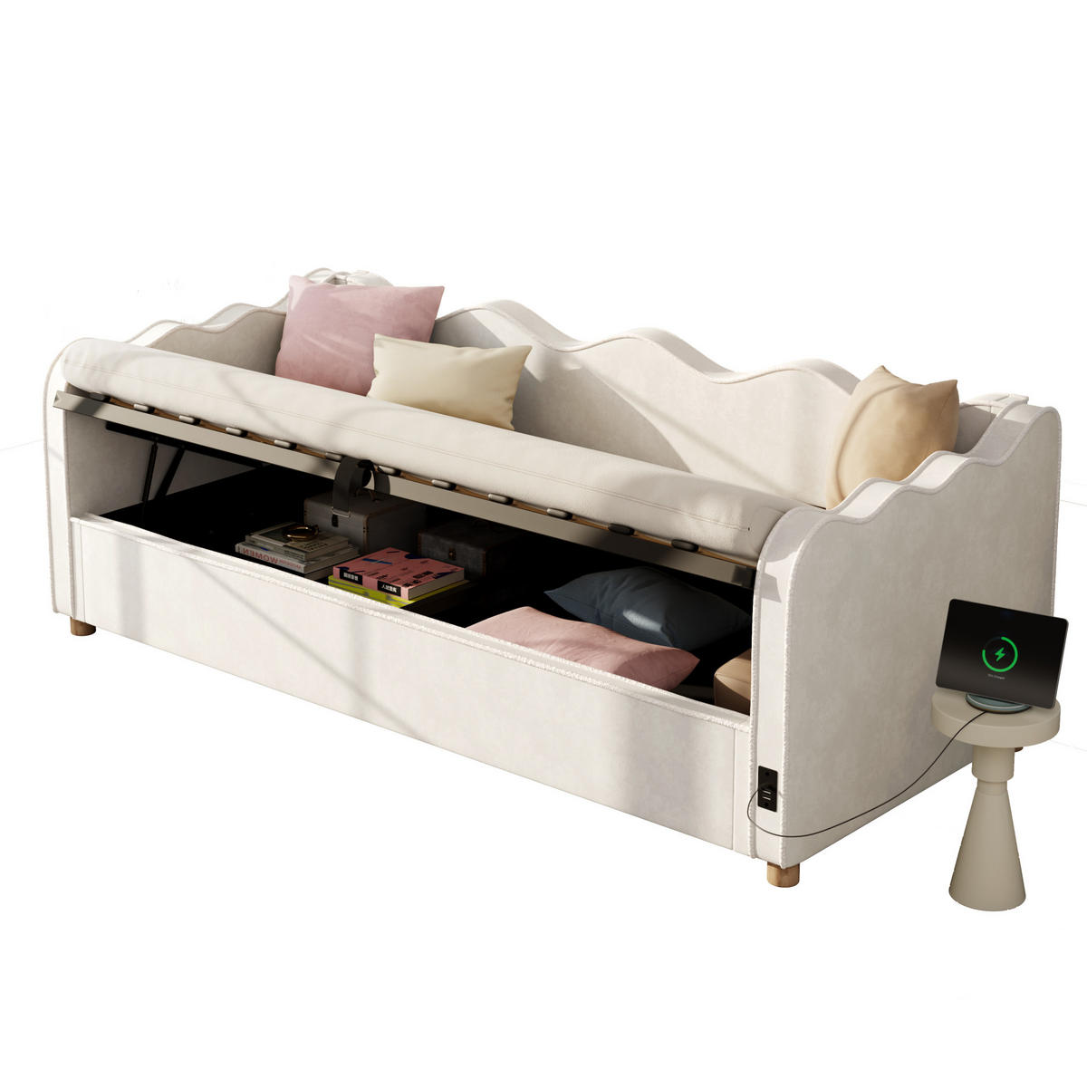 POLSTERBETT 90/200 cm aus Samt mit hydraulischem Stauraum und USB-Anschluss Beige - Beige, Textil (90/200cm) - Modenvie