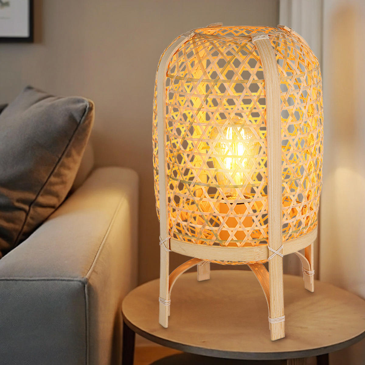 LED TISCHLEUCHTE Bambus Braun Geflecht - Braun, Holz (22/22/37cm) - Globo Lighting