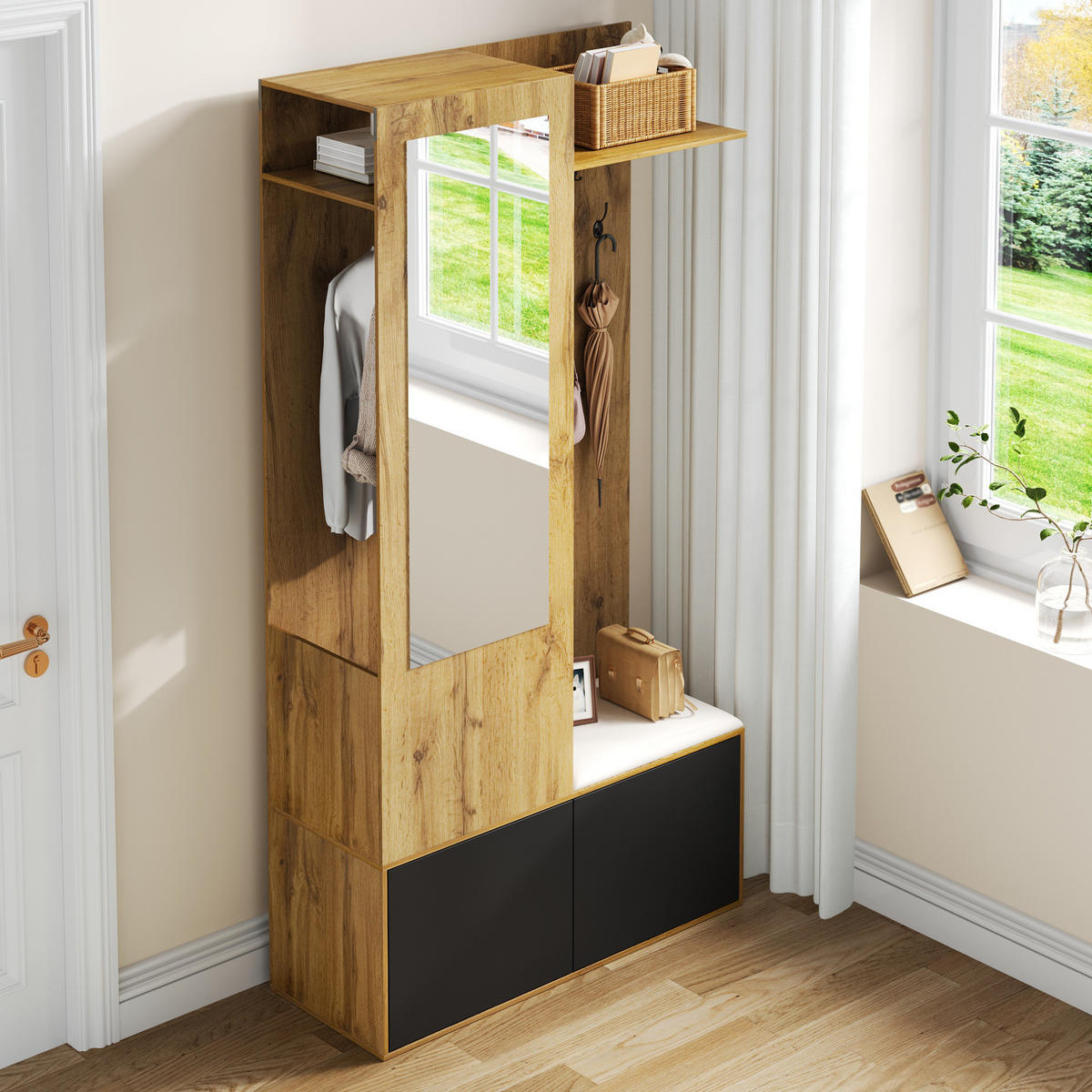 GARDEROBE mit Spiegel, Schuhablage und Sitzbank, 5 Haken, 100/38/191 cm - Schwarz, Holzwerkstoff (100/191/38cm) - BEAOK