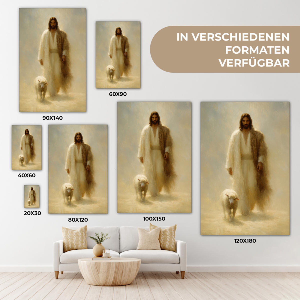 LEINWANDBILD Schaf - Jesus - Pinselstriche - Abstrakt Deko Groß 90x140 cm - Sandfarben, Textil (90/140cm) - MuchoWow