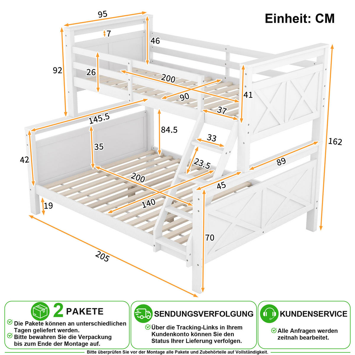 ETAGENBETT 90/200 cm & 140/200 cm in Weiß mit Leiter und Sicherheitsgeländer - Weiß, Holz/Holzwerkstoff (90/200cm) - CHICFURN