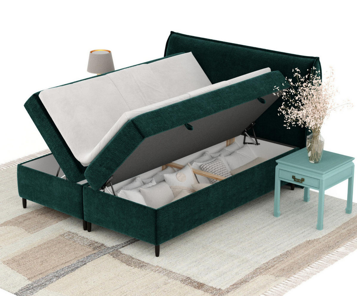 BOXBETT 200/200 cm Corvus, in Smaragdgrün, Matratze, Topper, Bettkasten, H4 = sehr fest - Smaragdgrün/Schwarz, Holz/Holzwerkstoff (200/200cm) - Maison de Reve