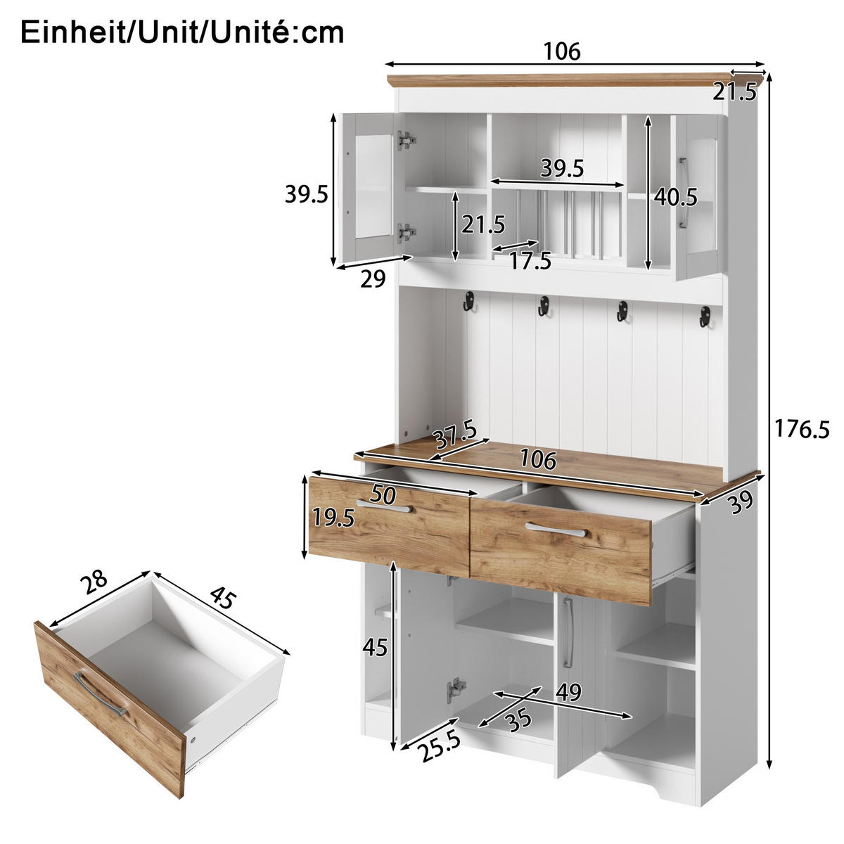 BUFFET 106/39/176,5 cm Küchenbuffet,Küchenschrank 2 Schubladen,Weiß - Weiß, Holz (106/176.5/39cm) - LVHOM