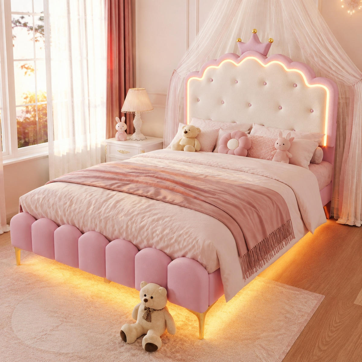 KINDERBETT 140/200 mit LED, Lattenrost, Kronen-Design und PU-Bezug in Rosa - Rosa, Holzwerkstoff/Textil (140/200cm) - EVRYAE