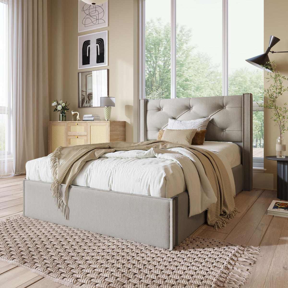 POLSTERBETT 90/200 cm Hellgrau mit Stauraum und Lattenrost aus Metallrahmen - Hellgrau, Textil (90/200cm) - OKWISH