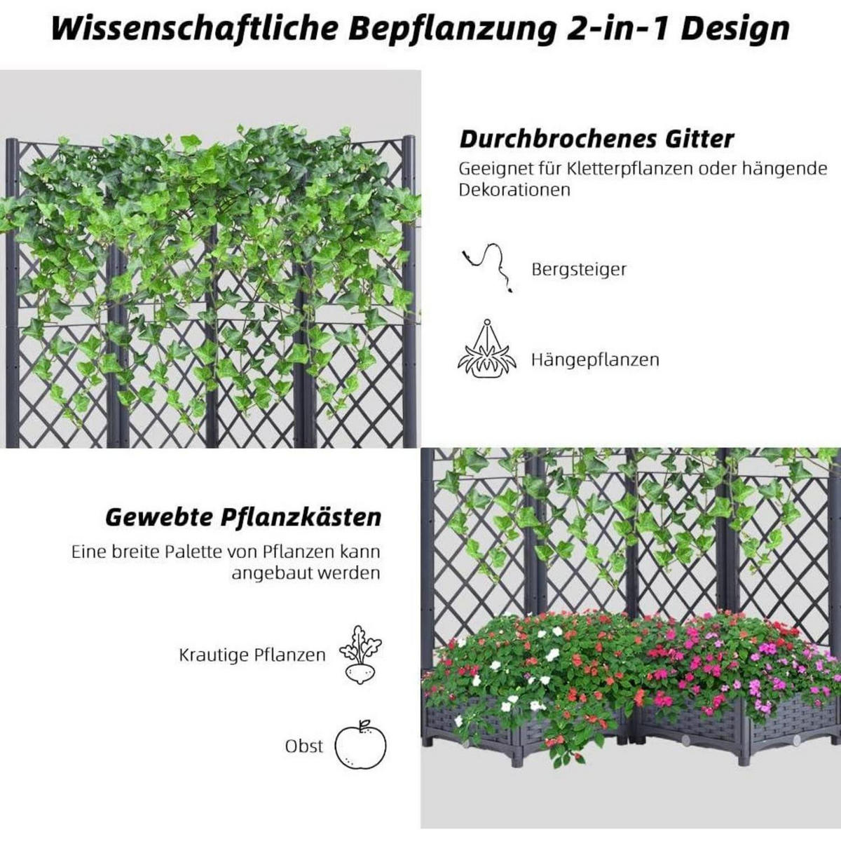 HOCHBEET mit Rankgitter und Selbstbewässerung 113 x 40 x 136 cm Graublau - Grau, Kunststoff (113/121/40cm)
