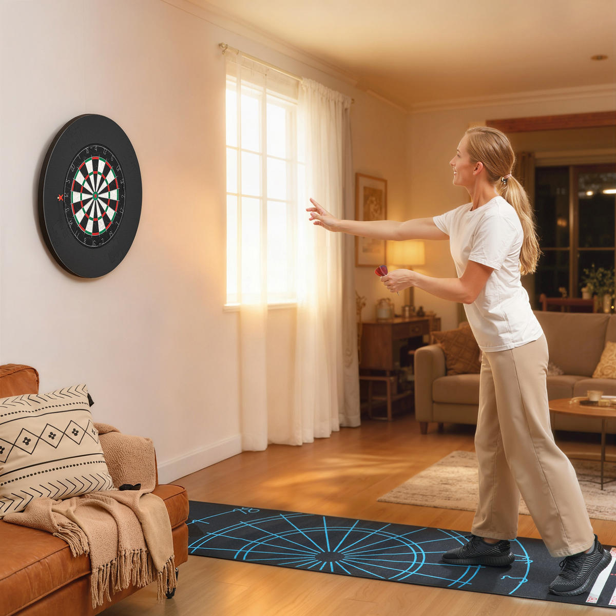 DARTSCHEIBE DE-10828 mit Schutzring & 6 Stahlspitzen-Darts Schwarz - Schwarz, Kunststoff (71.5/71.5cm) - ComfortXL