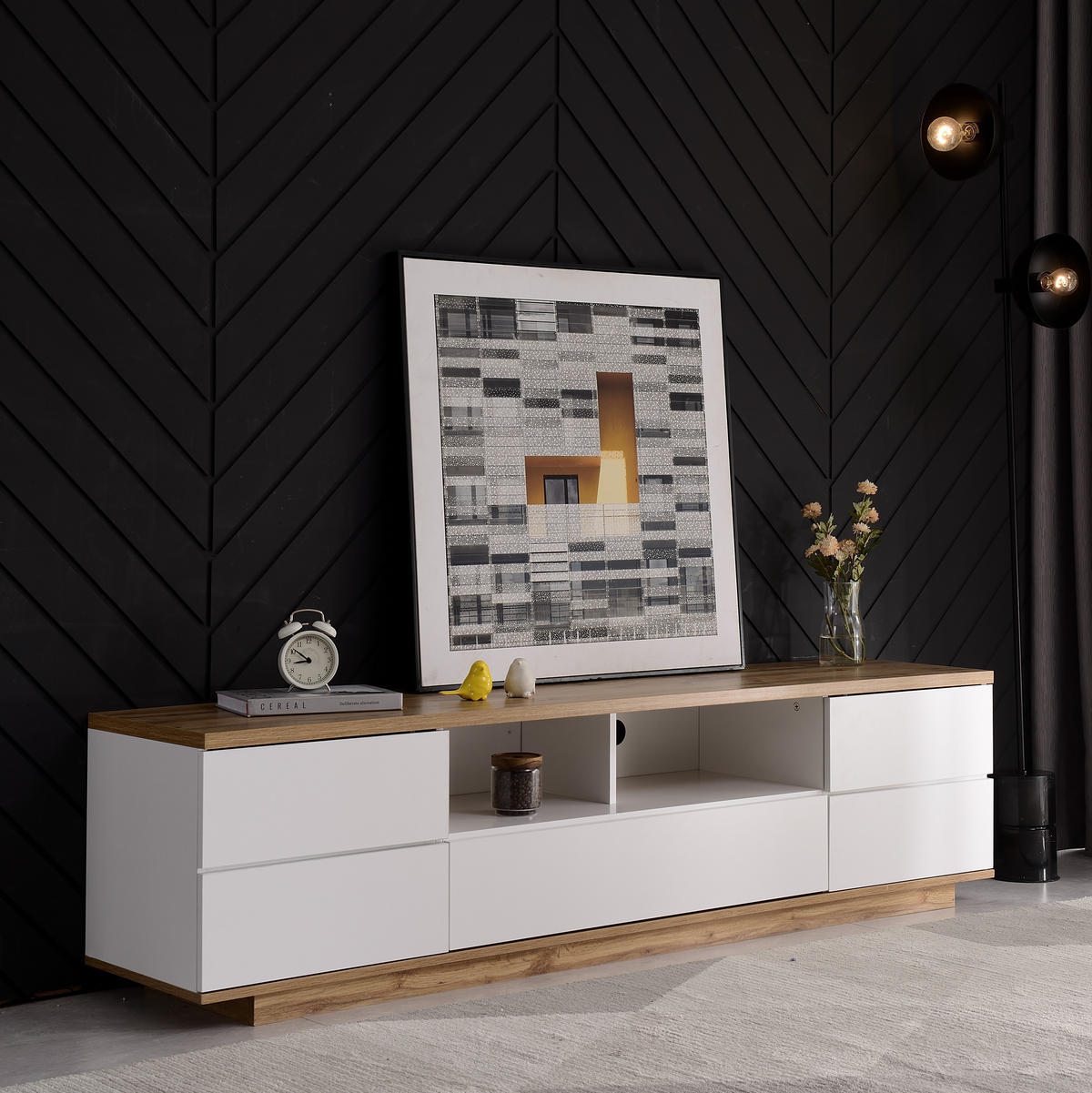 TV Lowboard 180x38x46 cm, Holzmaserung, Weiß - Weiß, Holz (180/46/38cm)