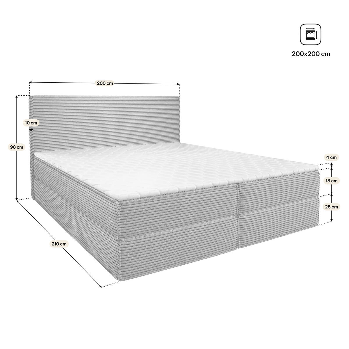 BOXBETT PELLIO 200x200 cm mit Matratze und Topper, H2+H3 - Gelb - Gelb, Holz (200/200cm) - MASSENO