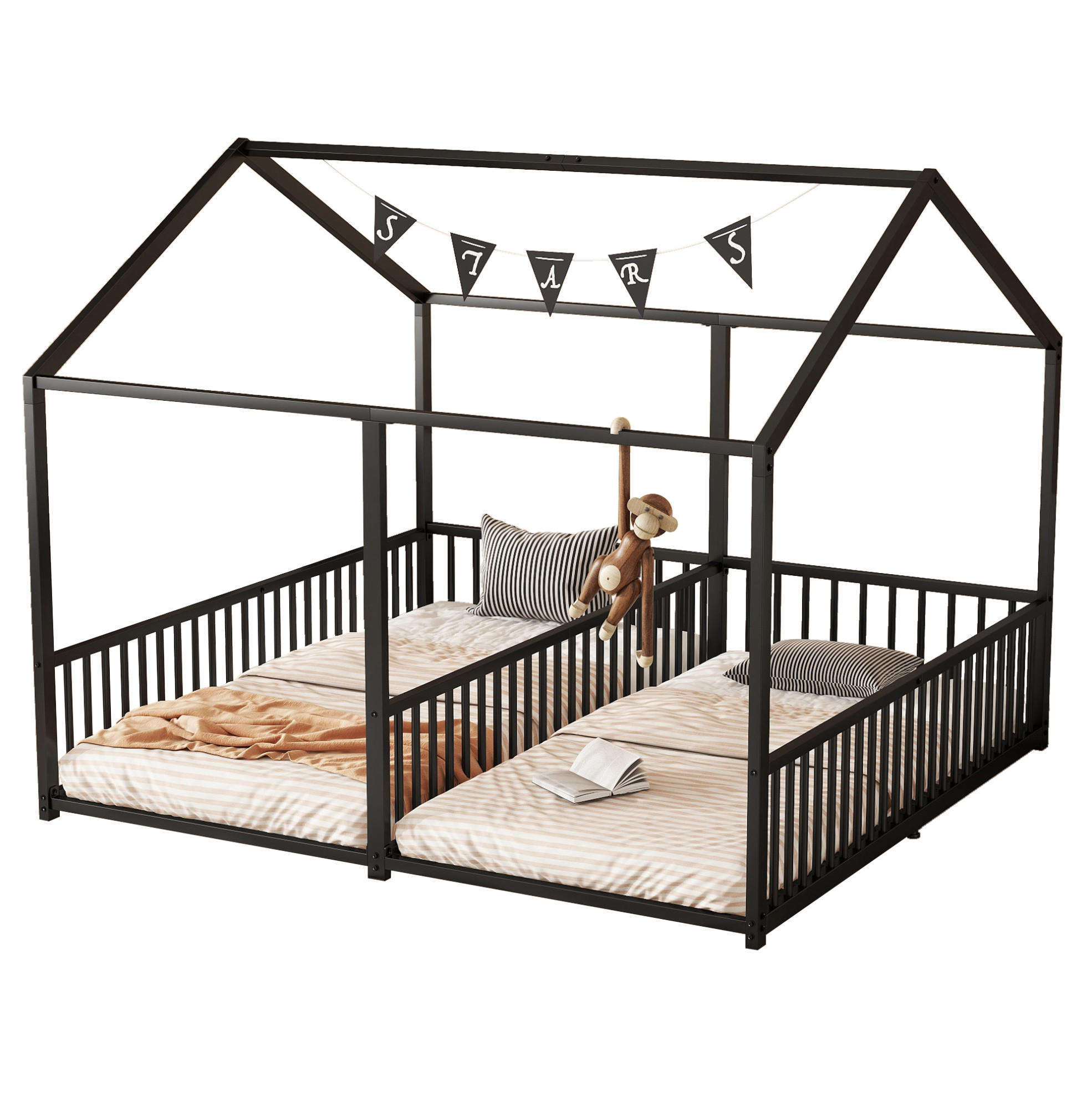 HAUSBETT 90/200 cm Schwarz aus Metall mit Hausform und Geländer - Schwarz, Metall (90/200cm) - OKMYHOME