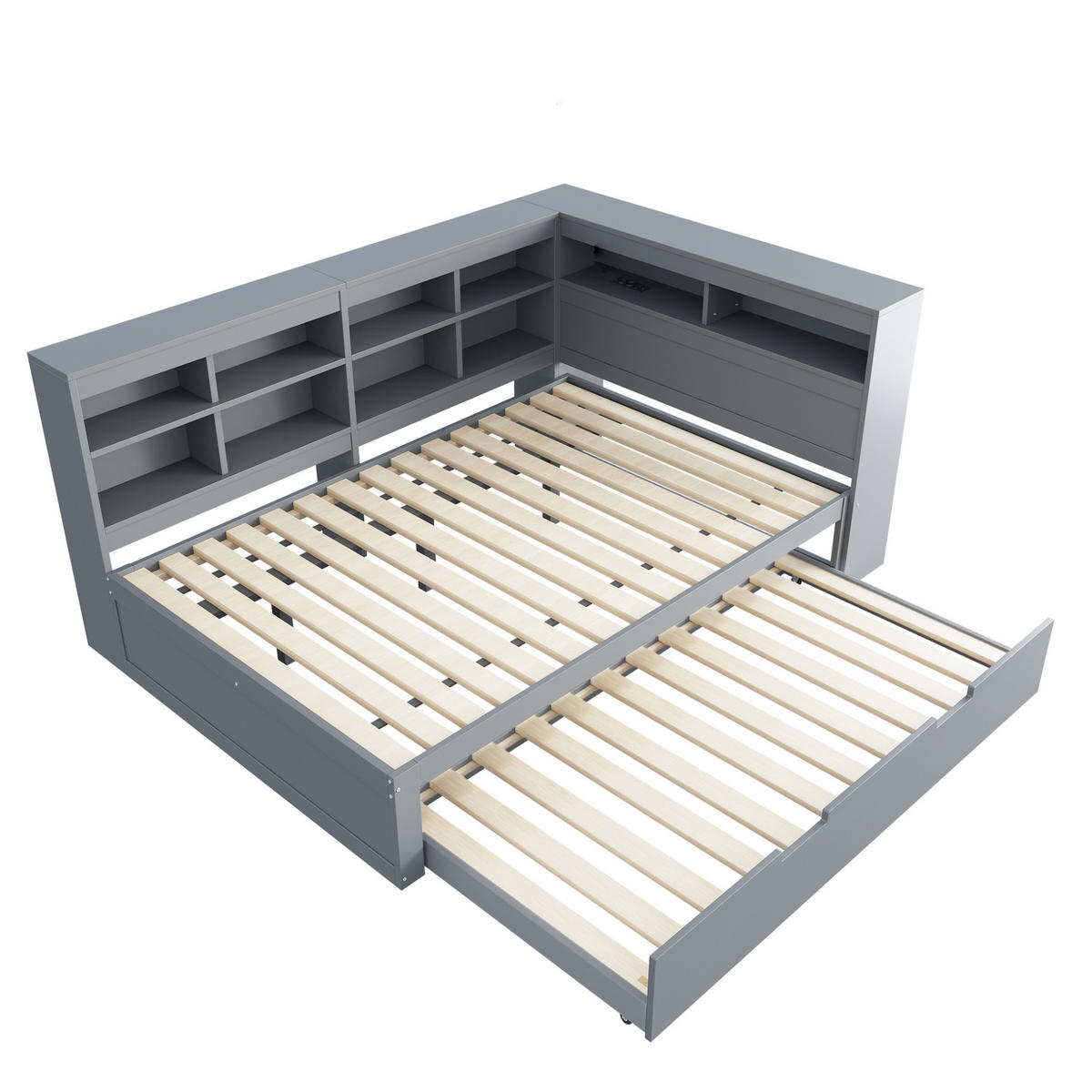 BETT aus Holz 140x200 cm Weiß/Grau mit Ausziehbett 90x190 cm, USB-Anschluss und Stauraum - Grau, Holzwerkstoff (140/200cm) - Modfu