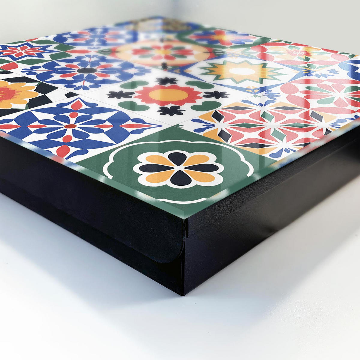 SCHLÜSSELBOX Schwarz 30x30 cm- Türöffnung nach rechts - Blumenmosaik - Blau, Metall (30/30/5cm) - TULUP
