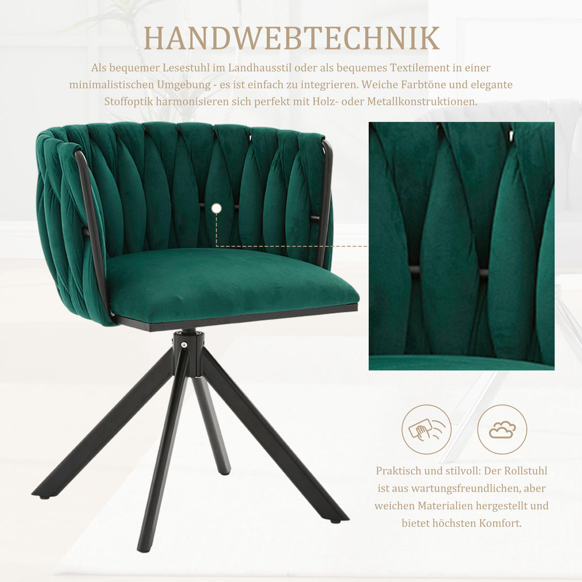 ARMLEHNSTUHL(SET à 2 Stück) - Metallgestell, ergonomisches Design und hochwertiger Velours - Smaragdgrün - Dunkelgrün, Textil/Metall (50/70/56cm) - KOMHTOM