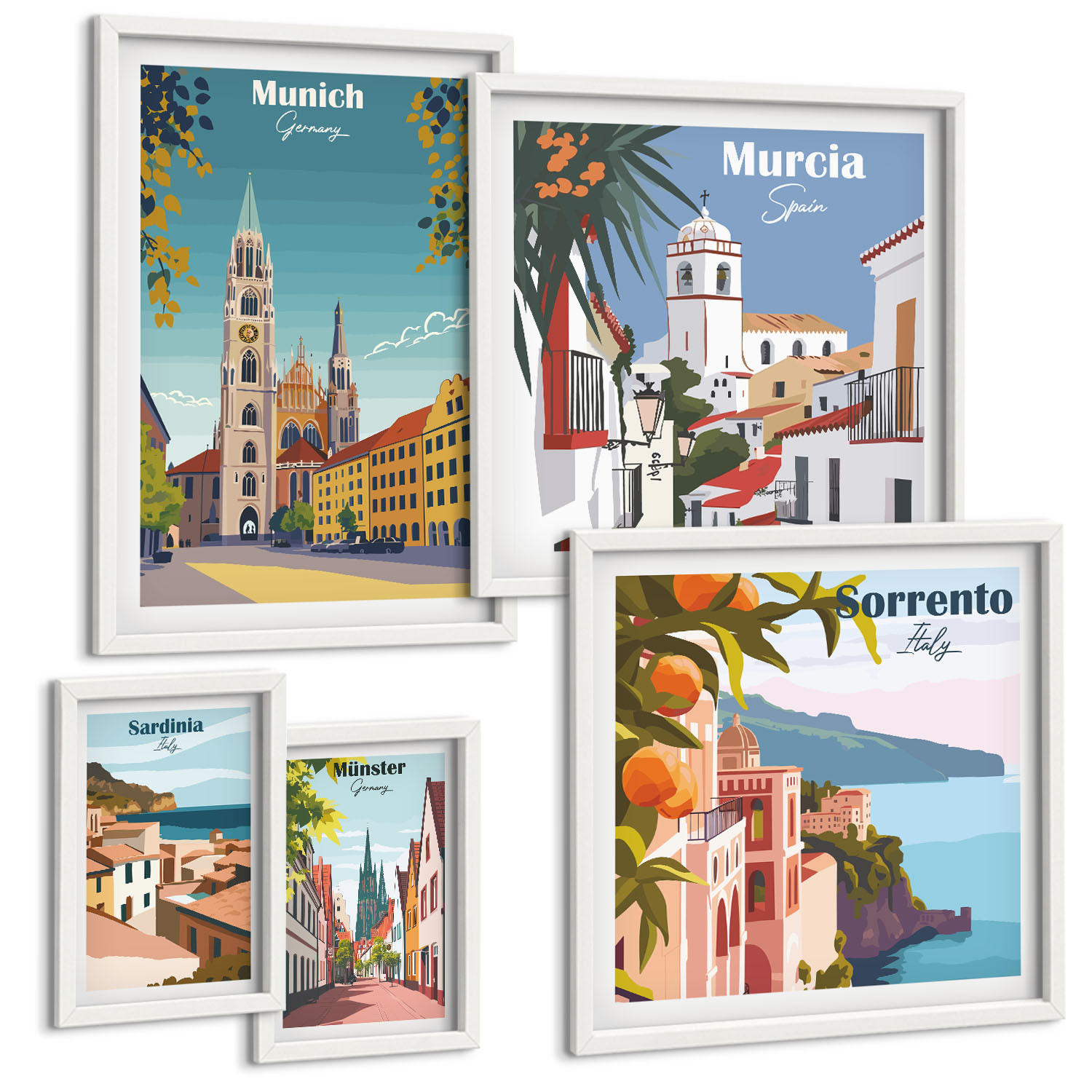 BILDER SET 5er Set - 50x50 cm & 20x30 cm & 40x60 cm Weißer Rahmen - Retro-Stadtillustrationen - Weiß, Kunststoff (40/60cm) - TULUP