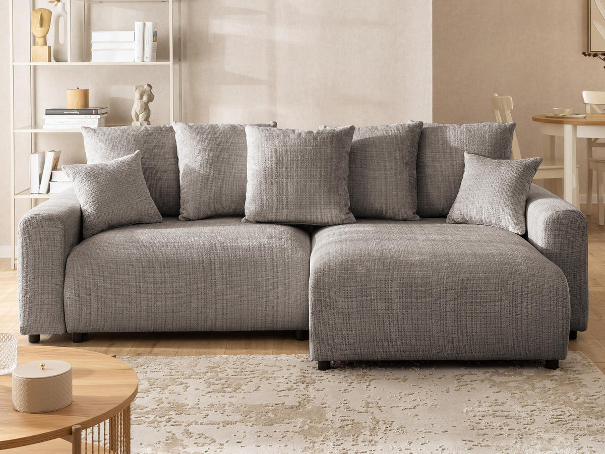 ECKSOFA Calma mit Schlaffunktion und Bettkasten im Bumpy-Design aus weichem Taupe Chenille-Stoff - Ottomane rechts - Taupe/Beige, Holz/Kunststoff (239/140cm) - S-Style Möbel