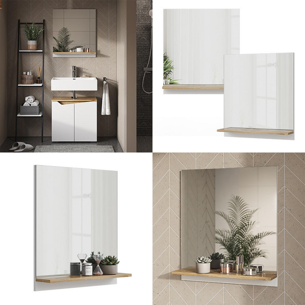 BADSPIEGEL Marelle Weiß 60 x 67 cm mit Regal - Weiß/Eiche Artisan, Holzwerkstoff (60/67/14cm) - Vicco