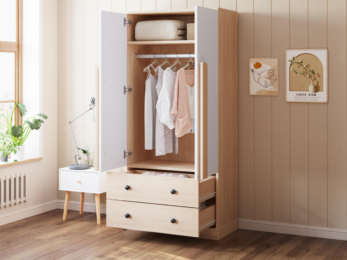 KLEIDERSCHRANK 70/170/40 cm Weiß/Holzfarbe aus Holz mit 2 Schubladen - Naturfarben, Holzwerkstoff (40/170/70cm) - OKMYHOME