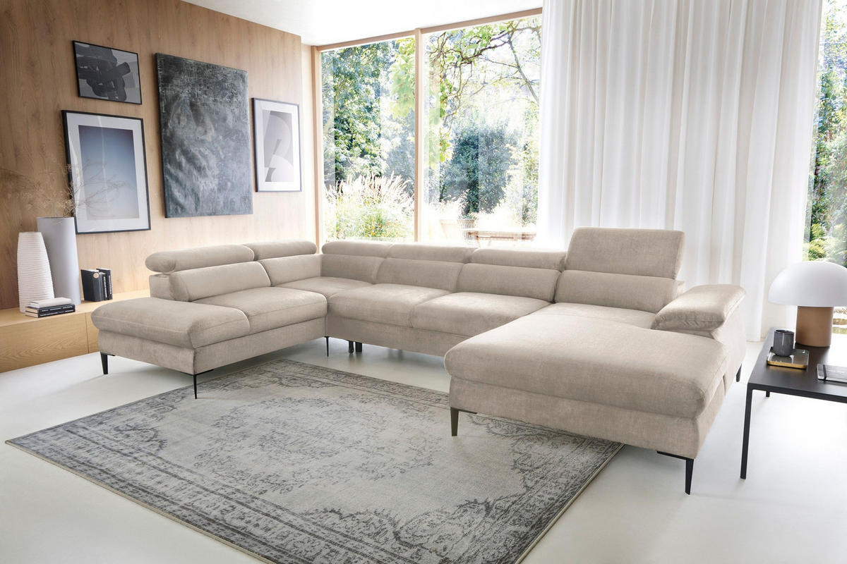 WOHNLANDSCHAFT MESTO Creme Velours-Stoff mit Schlaffunktion - Creme, Holz (353/94/182cm) - MASSENO