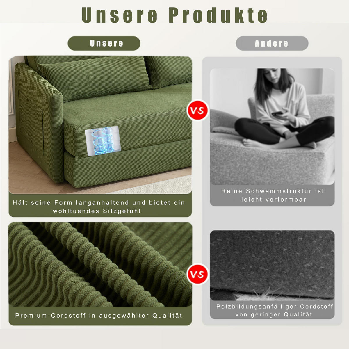 2-SITZER SCHLAFSOFA Cord Grün mit Kissen und Magazintaschen - Grün, Holzwerkstoff/Textil (165/67/212cm) - WISHDOR