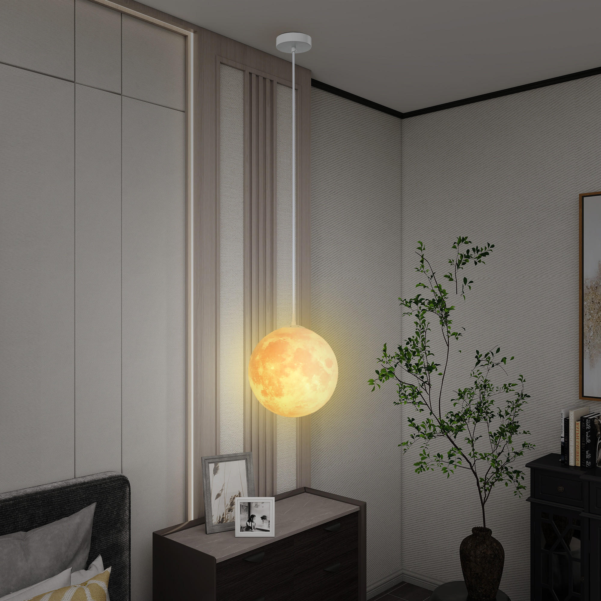 3D Mond Pendelleuchte Hängelampe mit APP-Steuerung, Musik, Cremeweiß - Weiß, Kunststoff (30/30/30cm) - HOMCOM