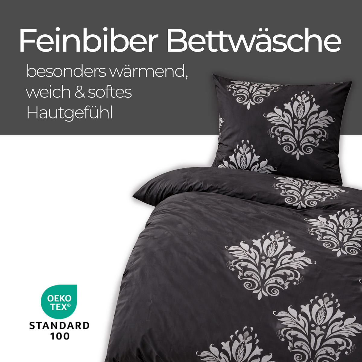 BETTWÄSCHE Feinbiber Herbst/Winter 135/200 cm Schwarz (Ornament) - Schwarz, Textil (135/200cm) - Bestlivings