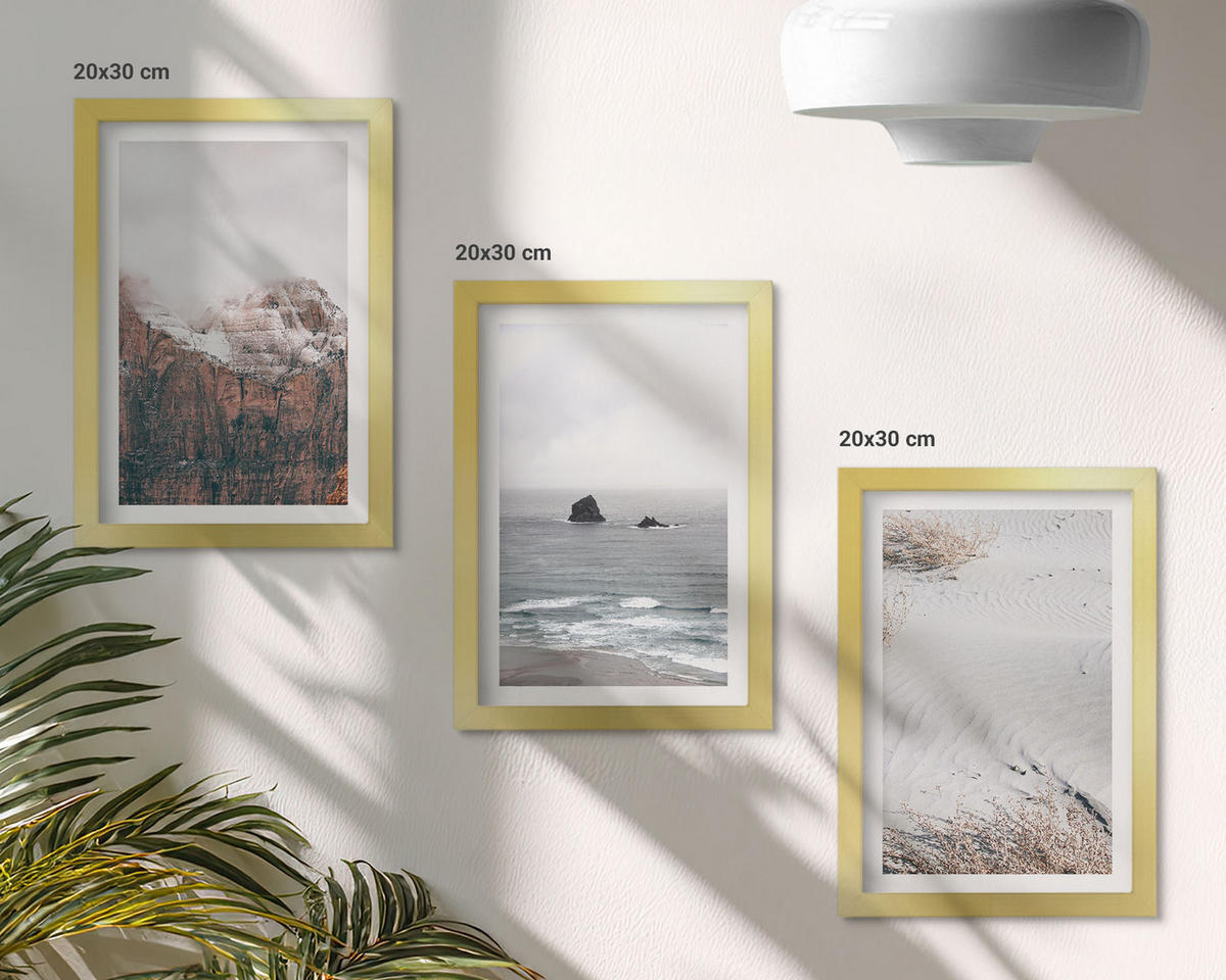 BILDER SET 3er Set - 20x30 cm Goldrahmen - Berge, Wolken, Meer, Sand, Natur - Goldfarben, Kunststoff (20/30cm) - TULUP