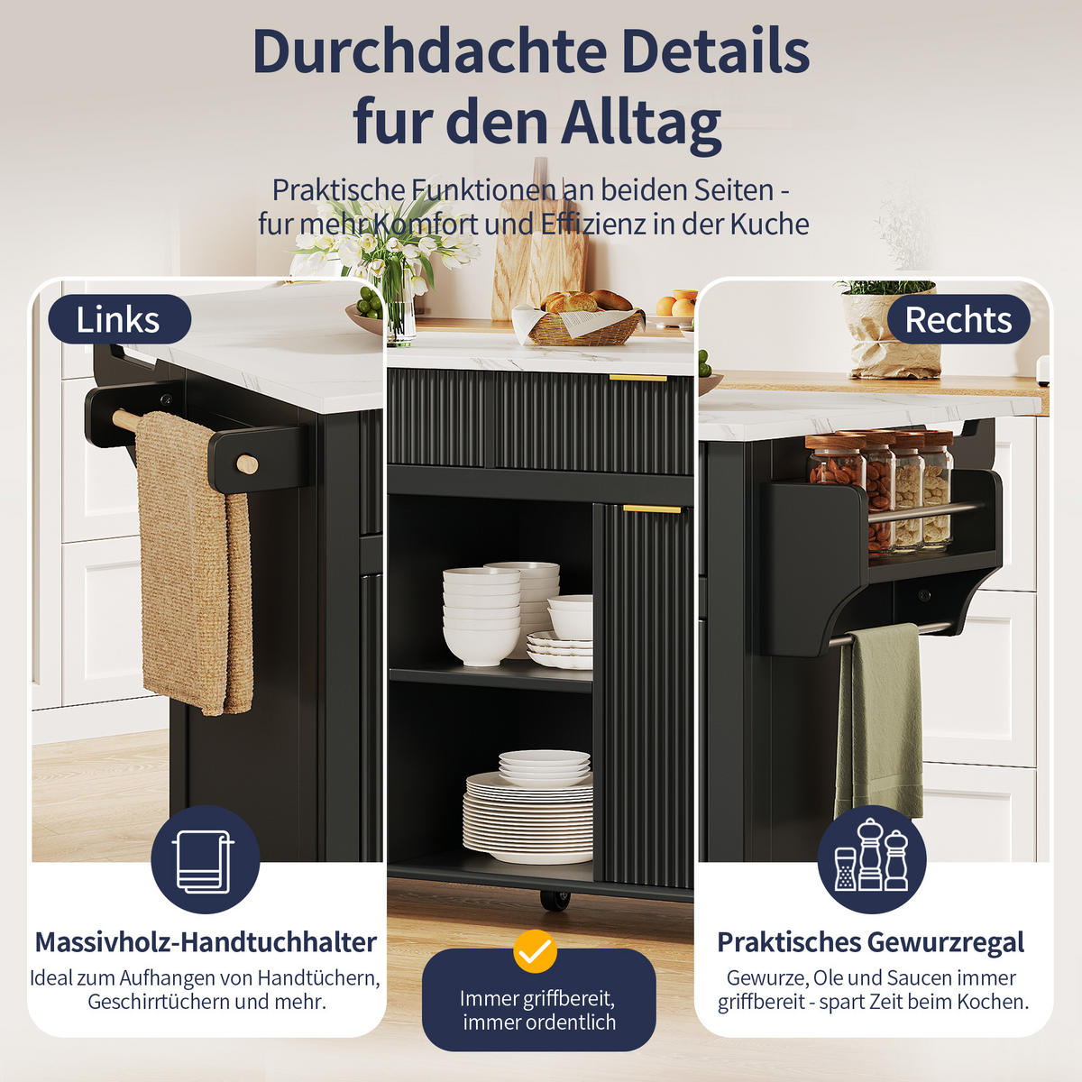 KÜCHENINSEL auf Rollen 143/45/89.5 cm Schwarz mit klappbarer Arbeitsplatte, 2 Schubladen und Stauraum - Schwarz, Holz/Holzwerkstoff (45/89.5/143cm) - Oxeza