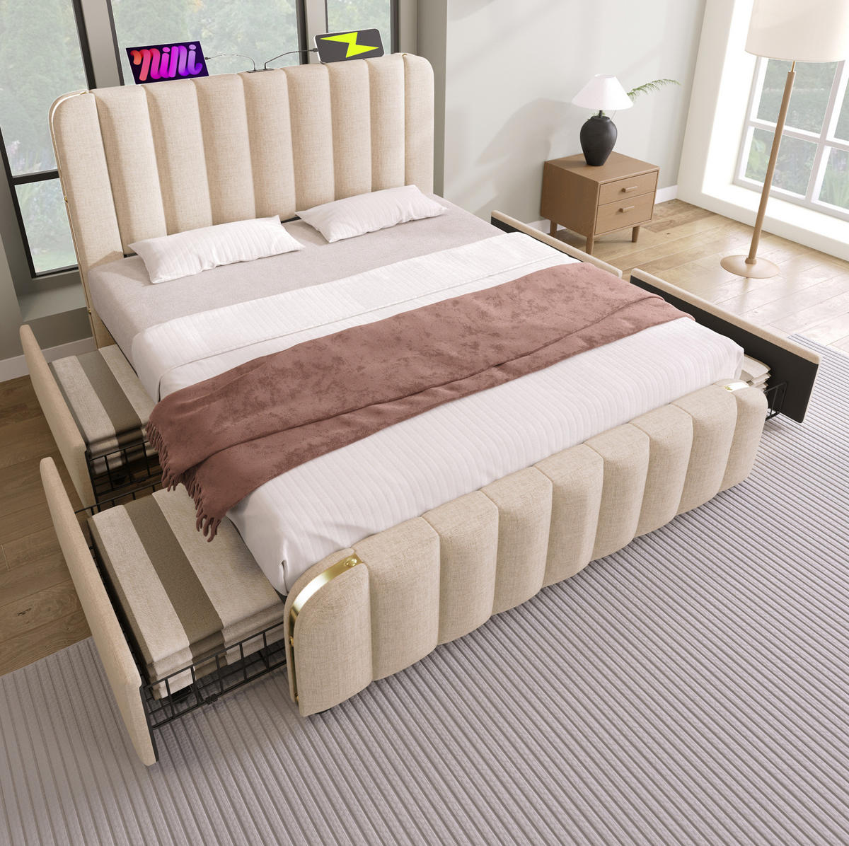ČALOUNĚNÁ postel, 160/200 cm, béžová lněná, s matrací, 4 zásuvkami a USB/USB-C - béžová, textil (160/200cm) - BEAOK