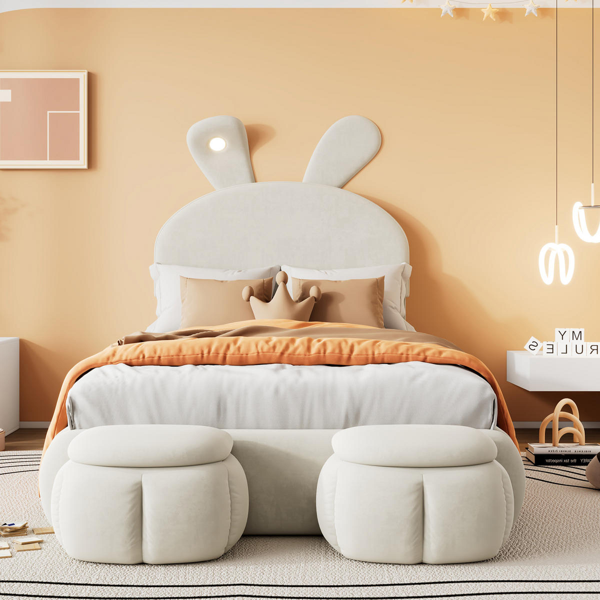 POLSTERBETT mit LED-Beleuchtung 90/200 cm in Beige mit gepolstertem Hasenohren-Kopfteil - Beige, Textil (90/200cm) - BEAOK