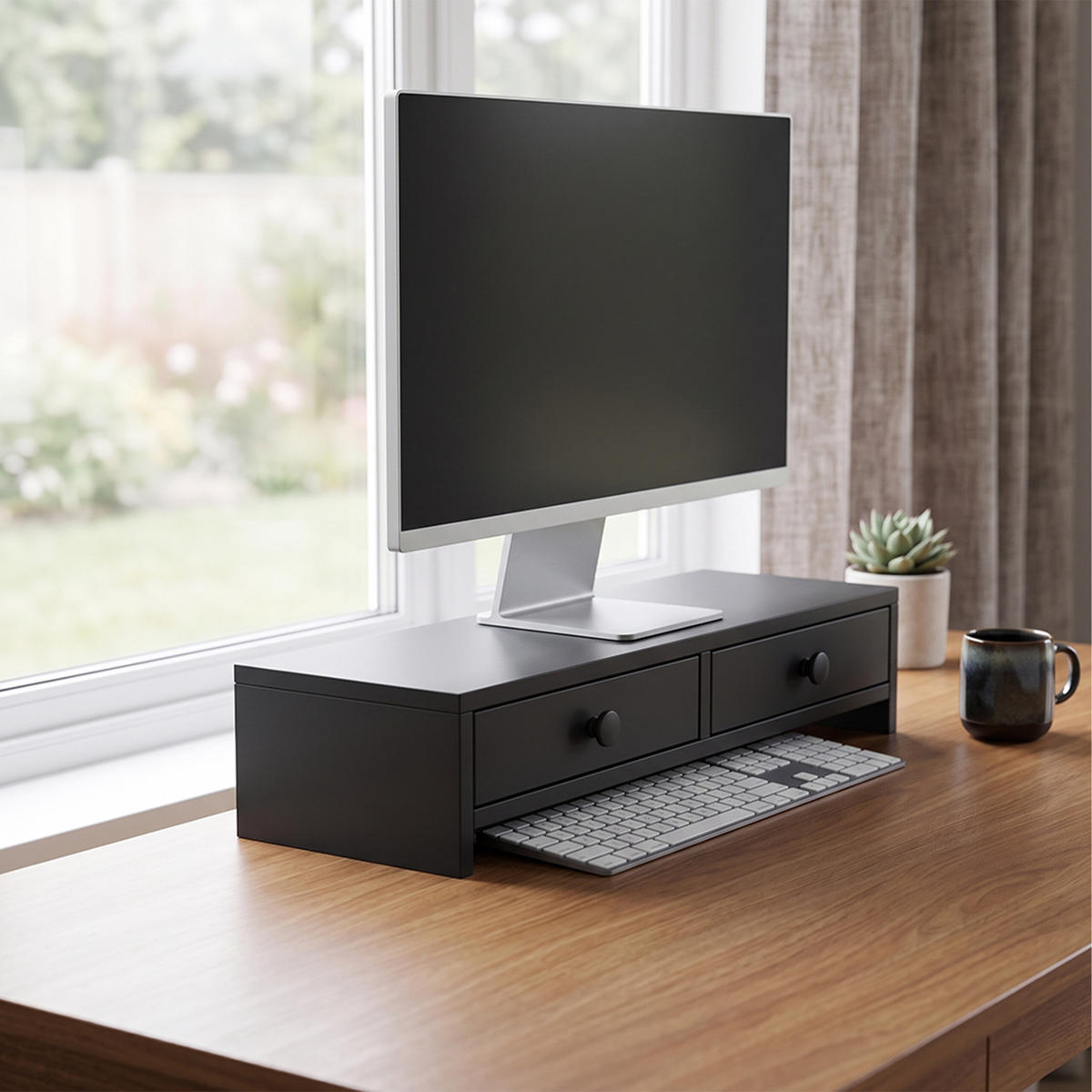 MONITORSTÄNDER Schwarz MDF 2 Schubladen 47x18x12,5 cm - Schwarz, Holzwerkstoff (18/47/12.5cm) - Relaxdays