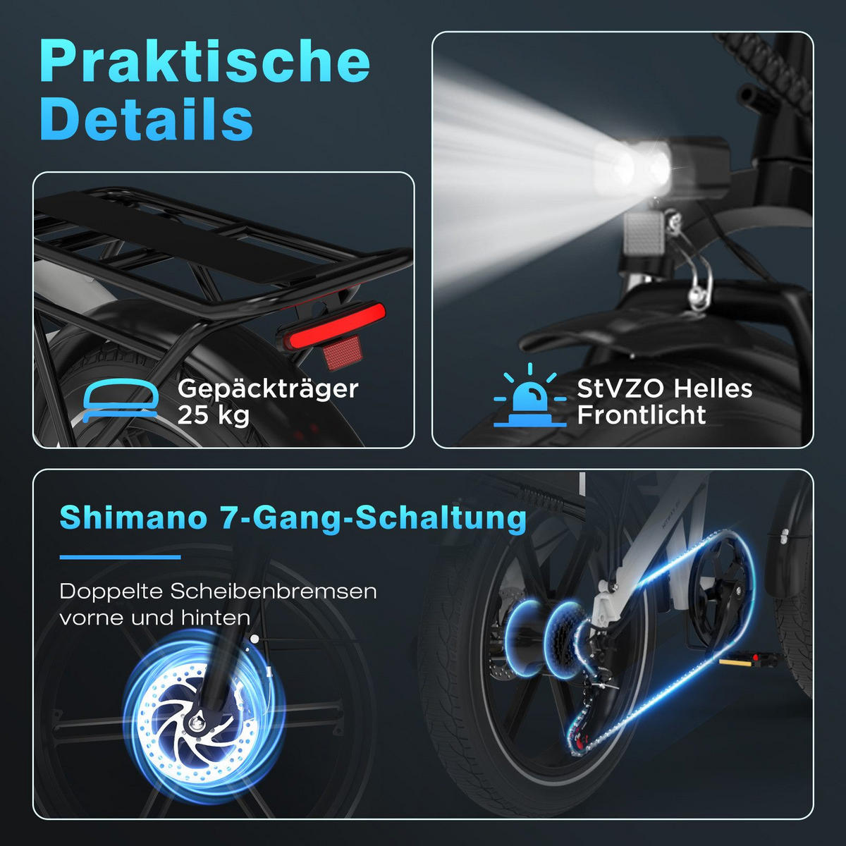E-BIKE Klapprad BK10S1 20"×4.0", 624 Wh, 7-Gang, Aluminiumrahmen - Weiß, Metall (38cm) - HITWAY