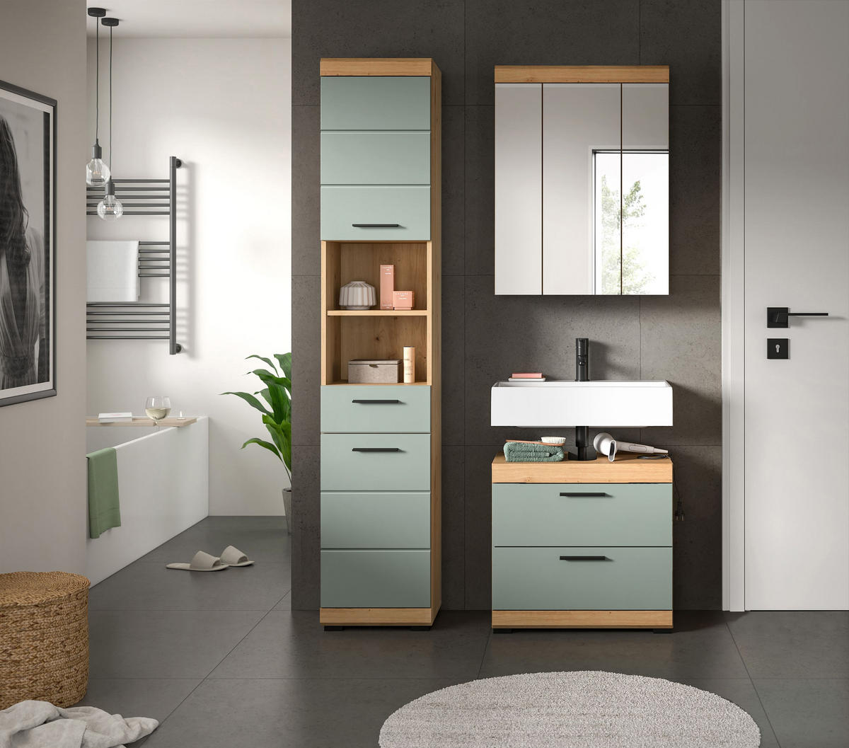 BADKOMBINATION 3tlg. Scout Bad in Artisan Eiche Nachbildung und Salbei Nachbildung B/H/T: 112x191x34 cm - Eiche Artisan, Holz (112/191/37cm)