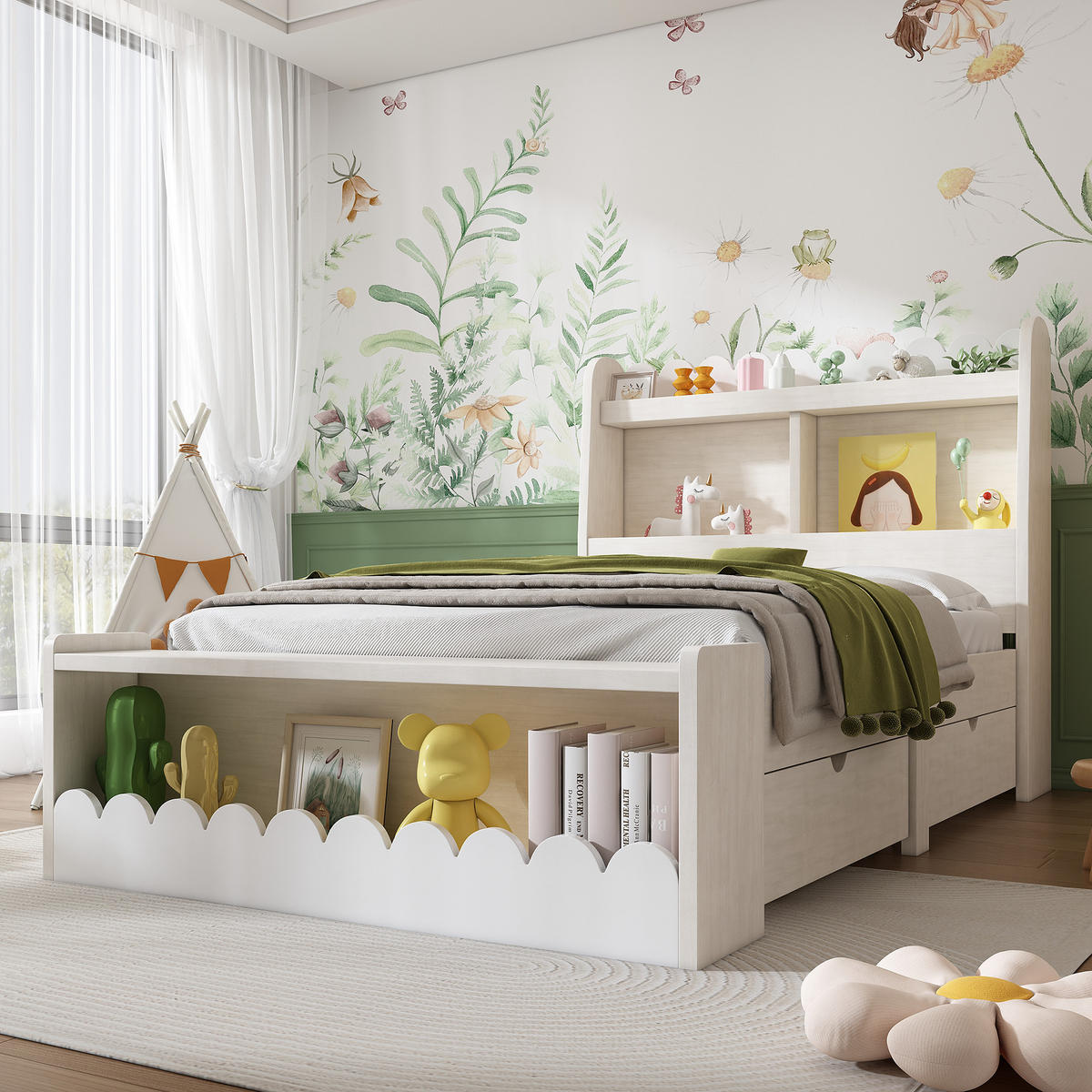 EINZELBETT 90/190 cm Weiß Eichefarben mit Stauraum und Regal - Weiß, Holzwerkstoff (90/190cm) - OKWISH