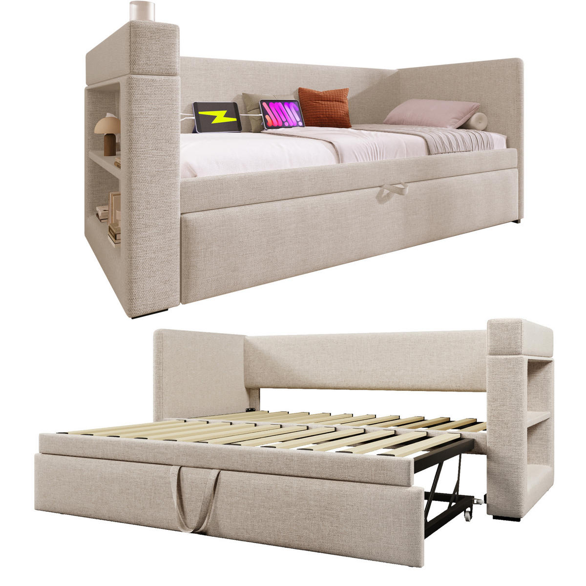 POLSTERBETT 90/180x190 cm Beige mit USB- und Type-C-Anschlüssen - Beige, Textil (90/190cm) - Flora Grace