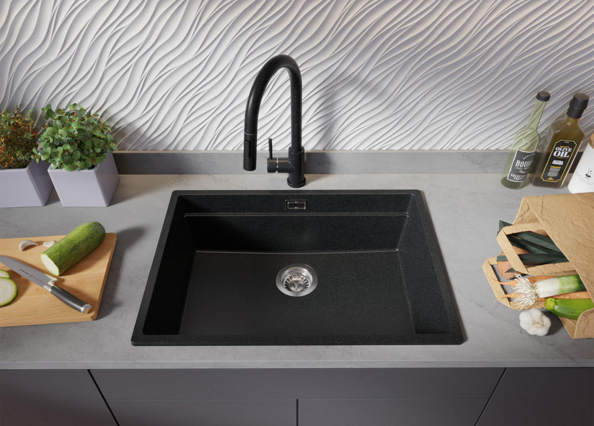 SPÜLBECKEN Praga Slim, 2-er set Anthrazit 66/47 cm 1 Becken + Ablauf-Set + Aufrollbare Abtropffläche ab 70er Unterschrank - Chromfarben/Anthrazit, Kunststoff (66/20/47cm) - Primagran