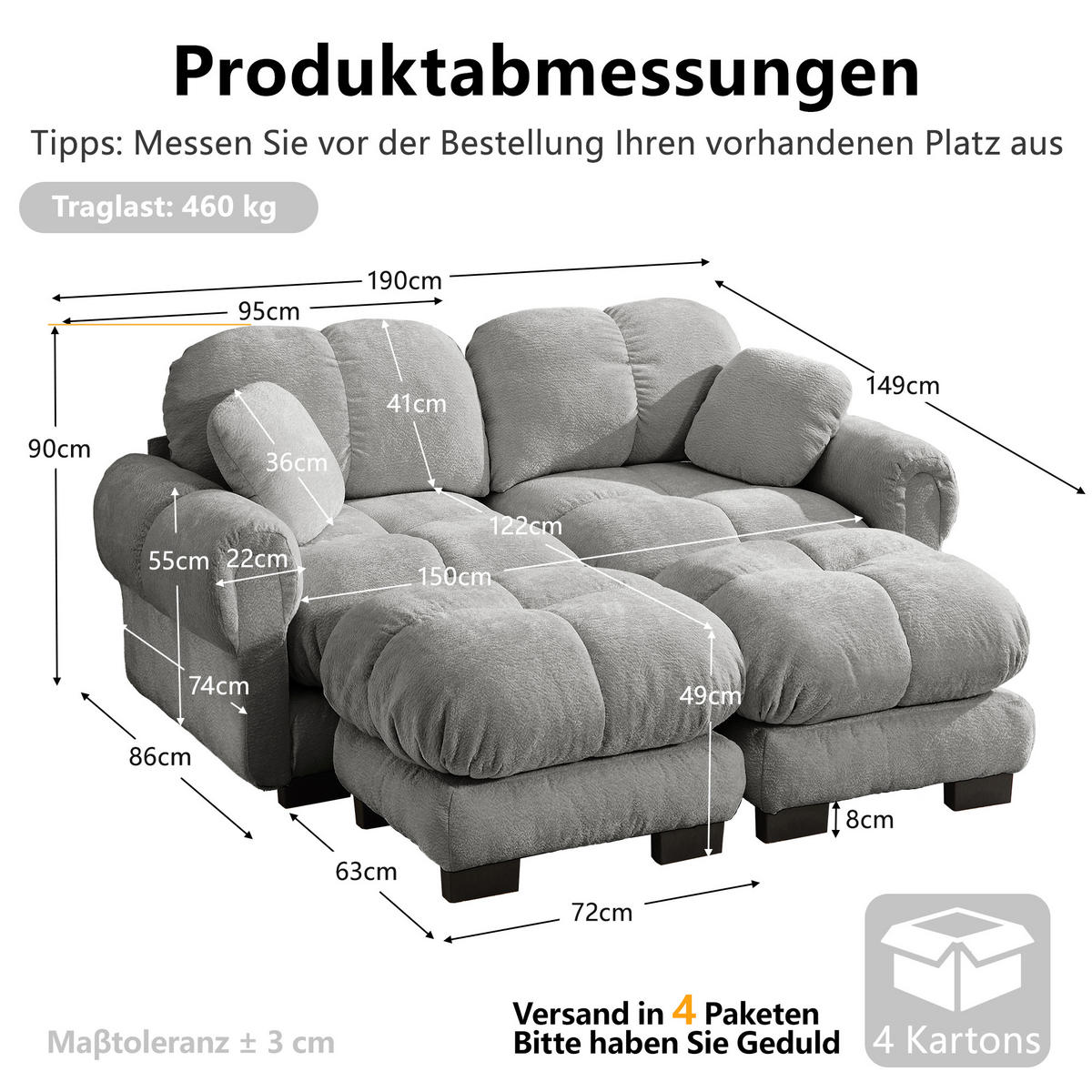 2-SITZER-SOFA DE-34384 2 Ottomans Hellgrau - Hellgrau, Textil (149/90/190cm) - ComfortXL