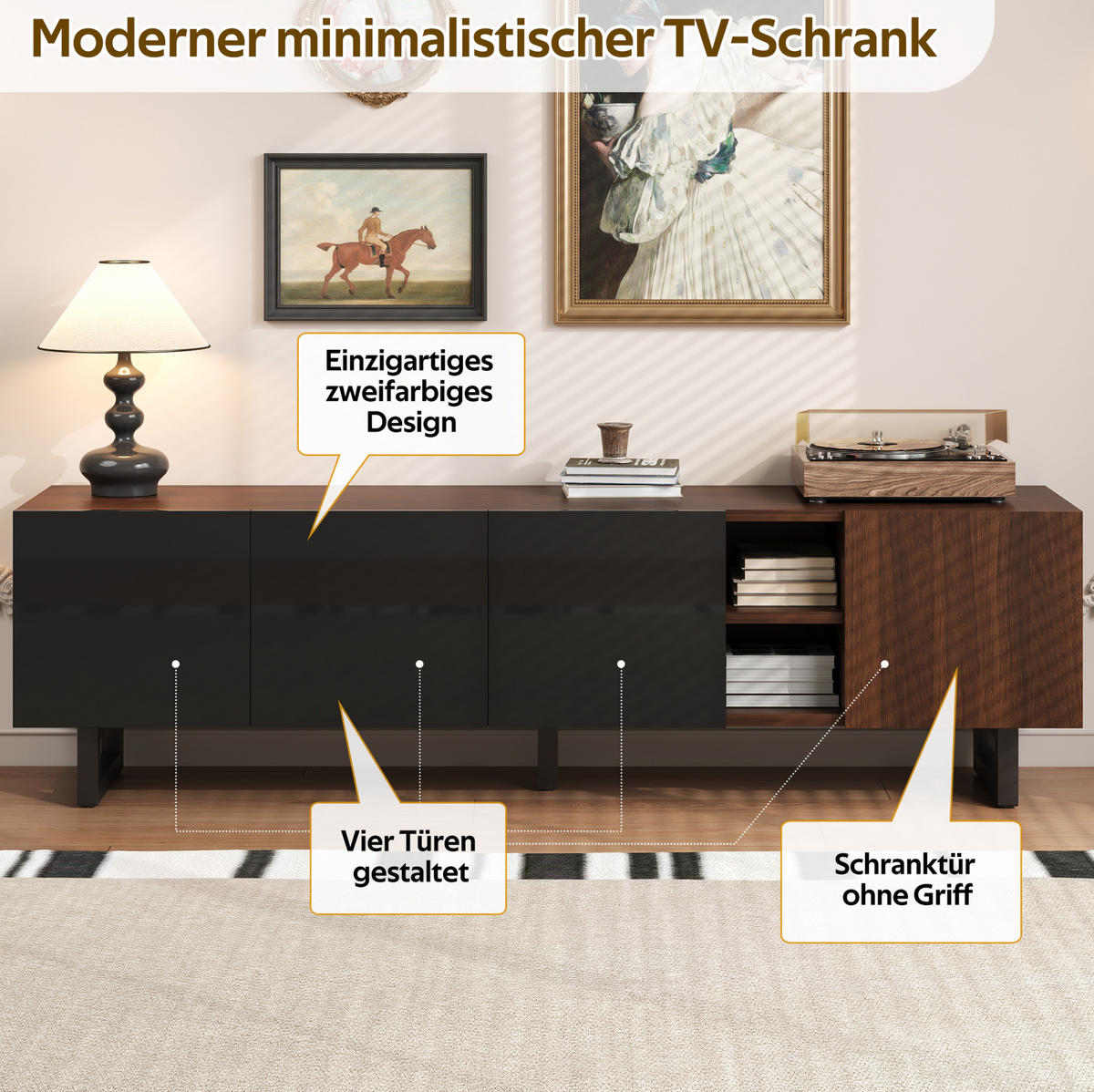 TV-SCHRANK 180/38/50 cm schwarz/natur aus MDF mit 4 Türen - Hellbraun, Holzwerkstoff (180/50/38cm) - OKWISH