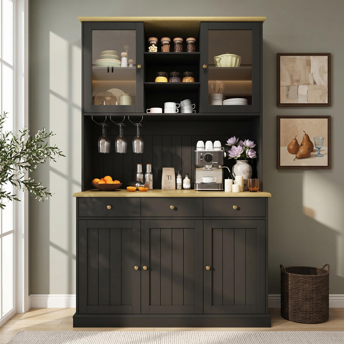 BUFFETSCHRANK 120x40x191 cm, Glastüren, Gläserhalter, 2 Steckdosen, USB-A/USB-C-Anschlüsse, Schwarz - Schwarz, Holzwerkstoff (120/191/40cm) - FOHERE